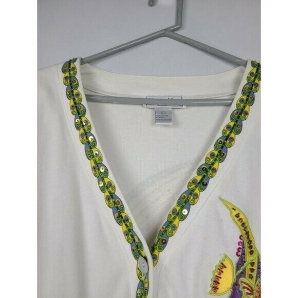 Vintage Lisa Ashley Womens Wearable Art Fish Cardigan Large White Embroidered - Picture 4 of 11